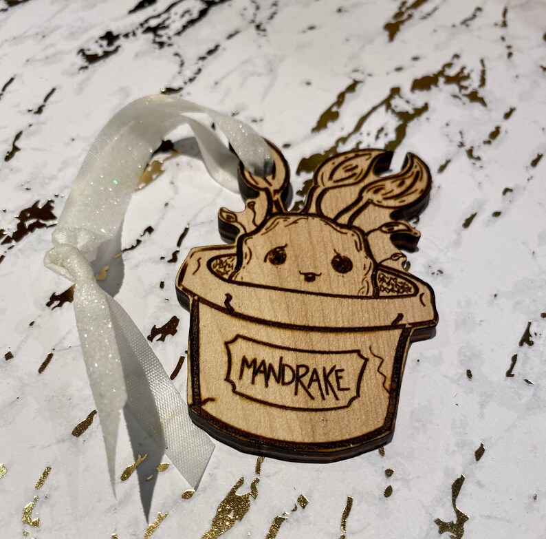 Laser cut birch wood mandrake Harry Potter Christmas ornament