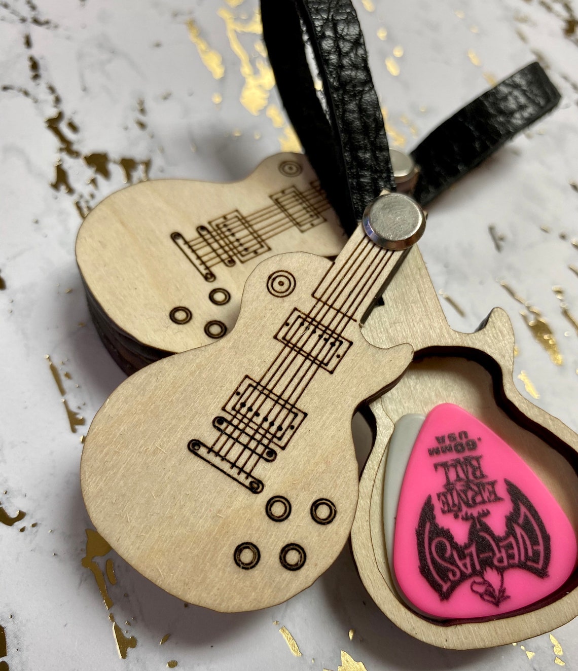 Laser cut wooden guitar pick holder with leather strap Etsy