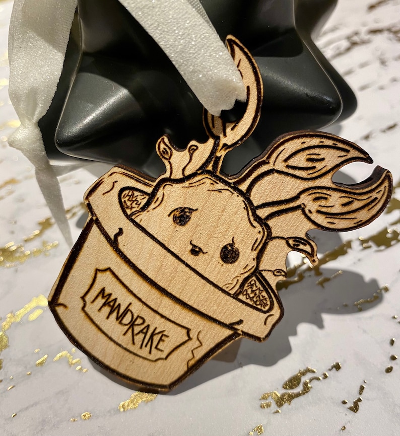 Laser cut birch wood mandrake Harry Potter Christmas ornament