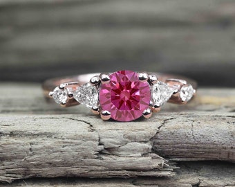 Medium Pink Sapphire and Diamond Five Stones Ring | Simple and Elegant Bridal Promise Ring | Custom Made 9K/14K/18K Solid Rose Gold Ring