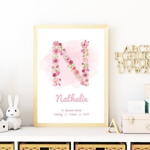 Personalisierter Poster mit Blumen, Babyzimmer, Poster Geburt, Babygeschenk, Bilder Kinderzimmer, Wanddeko, Geburtsposter