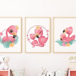 Poster mit Flamingos für Mädchen, Babyzimmer Deko, Poster Geburt, Babygeschenk, Bilder Kinderzimmer, Wanddeko, Set, Einzeln, A4