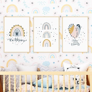 Poster mit Regenbogen für Jungs und Mädchen, Babyzimmer Deko, Poster Geburt, Babygeschenk, Bilder Kinderzimmer, Wanddeko, Set, A4