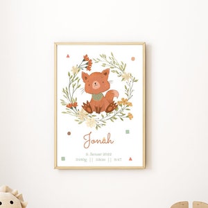 Personalisierter Geburtposter mit Fuchs oder Bär, Babyzimmer, Poster Geburt, Babygeschenk, Bilder Kinderzimmer, Wanddeko,