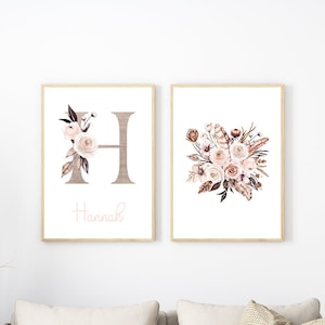 2er Set Personalisierter Poster mit Blumen, Babyzimmer Deko, Poster Geburt, Babygeschenk, Bilder Kinderzimmer, Wanddeko, A4