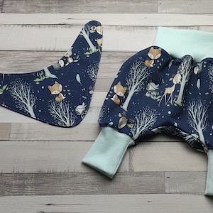 Pantalon à pompe, écharpe, ensemble taille bébé. 50-104 animaux de la forêt, cerf, hérisson, raton laveur, renard, lapin