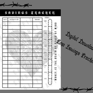 May include: A black and white digital download savings tracker with a gothic font. The tracker includes sections for date, description, and amount, with a goal tracker on the right. Text reads "Money is the death of peace of mind."