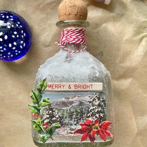 Snowy Vintage Christmas Altered  Patron Bottle