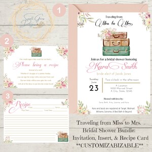 Traveling Bridal Shower Invitation with Insert Card and Recipe Card, Recipes for Bride to Be, Flowers, Travel, Suitcases, Shower Invite
