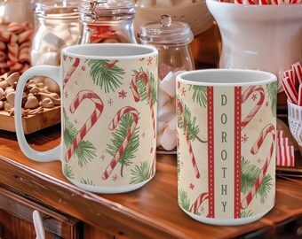 Custom Christmas Mug Vintage Retro Style Candy Canes & Pine in 2 Sizes, Custom Christmas Gift, Candy Cane Mug, Christmas Mug Sets