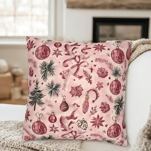Pink Christmas Throw Pillow with Botanical Ornament Pattern, Pink & Green Holiday Decor, Pastel Christmas Decorations