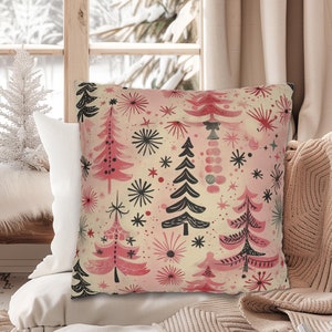 Pink Christmas Throw Pillow with Pretty Trees and Snowflake Starbursts, Pink & Green Holiday Decor, Pastel Christmas Decorations