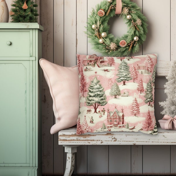 PINK CHRISTMAS HOLIDAY Whimsical Mint Pastel Vintage Village House & Trees Pattern Throw Pillow Cover in 4 Sizes, 14x14, 16x16, 18x18, 20x20