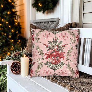 Pink Botanical Snowflake Christmas Holiday Throw Pillow, Pink Holiday Pillows, Pink Holiday Decor, Old Fashioned Pink Christmas Decor