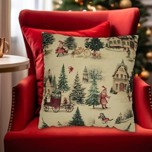 VINTAGE SNOWY HOLIDAY Whimsical Village Red Carriage Christmas Square Throw Pillow Cover in 4 Sizes, 14x14, 16x16, 18x18, 20x20