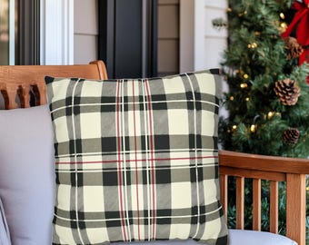 Rustic Plaid Christmas Pillow, Distressed Black White Red Tartan, Holiday Decor