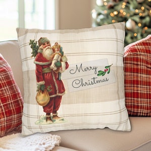 Vintage Santa Claus Christmas Holiday Square Throw Pillow Cover in Beige Plaid, Farmhouse Christmas Pillow, Plaid Holiday Decorations