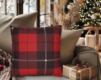 Red Black Tartan Plaid Square Throw Pillow, Red Black Plaid