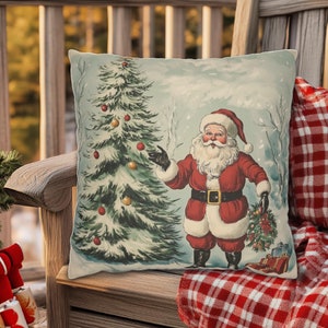 Vintage Santa Claus Christmas Holiday Square Throw Pillow in 4 Sizes with Insert & Outdoor Options, Old Fashioned Santa Claus Throw Pillow