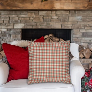 Plaid Throw Pillow with Red and Light Blue Pattern, Winter Holiday Christmas Plaid Pillow Covers, Farmhouse Plaid Pillows, Outdoor Pillows