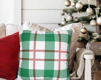 Vintage Style Plaid Christmas Pillow, Red White and Green Tartan