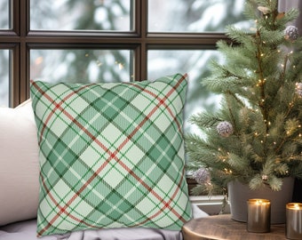 MINT GREEN & RED Plaid Christmas Throw Pillow Cover, Light Green Plaid Holiday Throw Pillows, Mint Green Holiday Decor