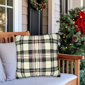 Plaid Christmas Pillow Distressed Black White Red Rustic Tartan, Plaid Holiday Decor, Plaid Holiday Pillows, Rustic Plaid, Indoor Outdoor