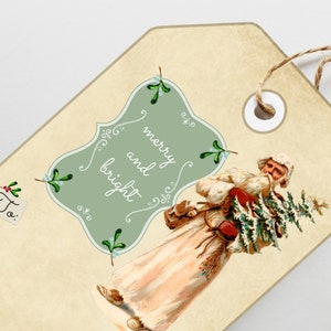 Etiquetas para presente de Natal, alegre e brilhante, Papai Noel vintage, para impressão, 2 conjuntos de 10, itens efêmeros de Natal, diário de sucata, álbum de recortes, etiquetas para presente de Papai Noel