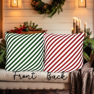 RED & GREEN DIAGONAL Stripe Christmas Throw Pillow Cover - Reversible Red and White or Green and White Stripes, Striped Christmas Pillows