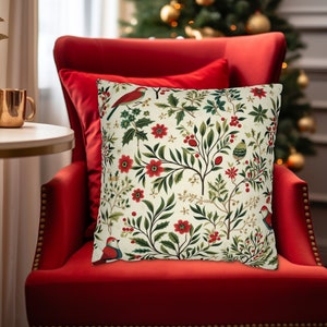 BOTANICAL & BIRD CHRISTMAS Holiday Cream Red and Green Throw Pillow Cover in 4 Sizes, 14x14, 16x16, 18x18, 20x20