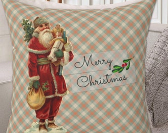 VINTAGE SANTA CLAUS Christmas Holiday Square Throw Pillow Cover in Beige Plaid, Farmhouse Christmas, 14x14, 16x16, 18x18, 20x20