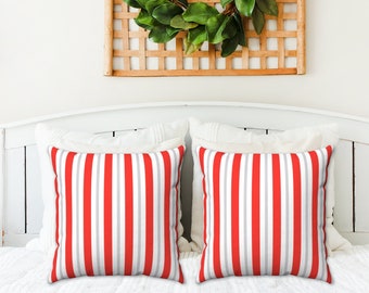 RED WHITE GREY Vertical Striped Christmas Holiday Pillow Covers in 4 Sizes, Christmas Accent Pillows, Striped Holiday Pillows