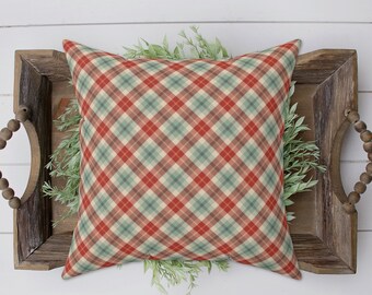 RED LIGHT BLUE & Beige Diagonal Plaid Square Throw Pillow Covers, Red Light Blue Plaid Christmas Holiday Pillow, 14x14, 16x16, 18x18, 20x20