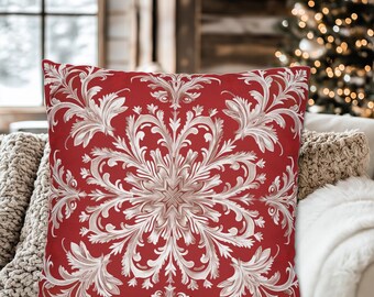 Red Snowflake Christmas Throw Pillows + Covers, Holiday Decor