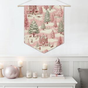 Christmas Wall Decor Pink & Mint Green Vintage Holiday Village Pennant Flag - Ready to Hang, Pastel Christmas Wall Art, Holiday Wall Decor