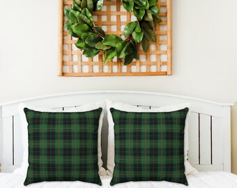 DARK GREEN & BLACK Tartan Plaid Square Throw Pillow Covers, Green Tartan Plaid Holiday Winter Christmas Pillows, 14x14, 16x16, 18x18, 20x20