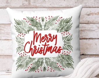 BOTANICAL 'MERRY CHRISTMAS' Holiday Pillow Cover, Pretty Christmas Pillow Covers, 14x14, 16x16, 18x18, 20x20