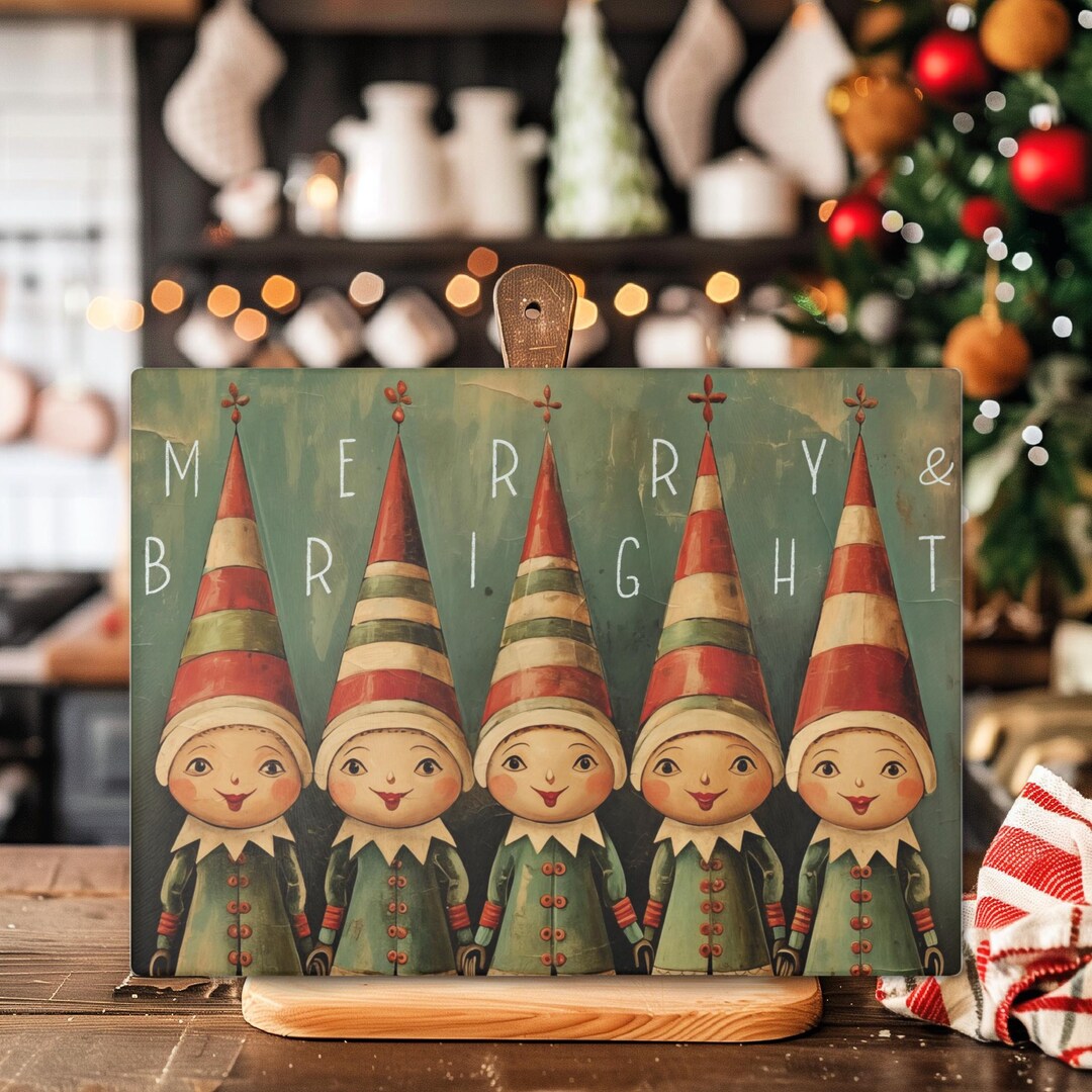 Christmas Elves Merry Bright Cutting Serving Board Tempered Glass Board ...