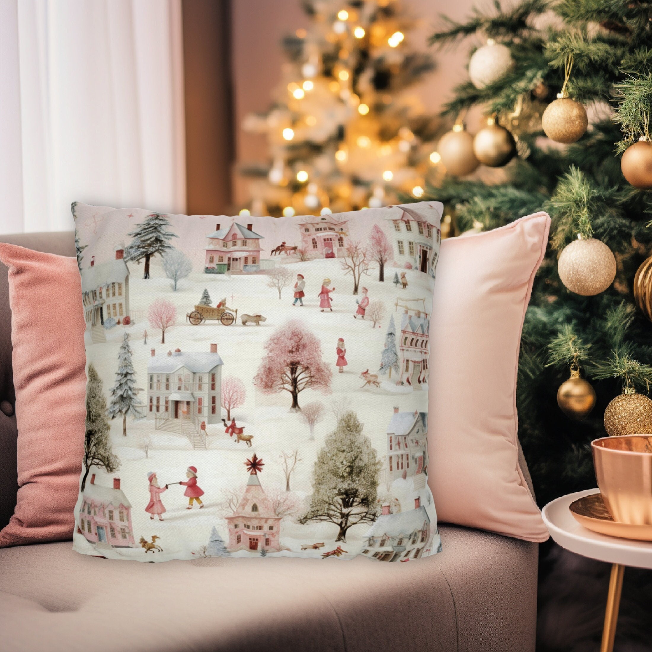 PASTEL CHRISTMAS PILLOW Pink Holiday Whimsical Vintage Village Throw Pillow  Cover in 4 Sizes, 14x14, 16x16, 18x18, 20x20 