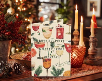 Christmas Card Set - Vintage Style 'Have Yourself a Merry Little Cocktail' in Sets of 10, 30 or 50, Holiday Cocktail Party Invitation, 5x7