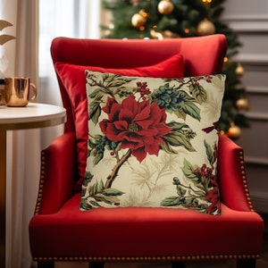 Red Floral Vintage Style Christmas Holiday Poinsettia & Berry Cream and Red Throw Pillow Cover in 4 Sizes, 14x14, 16x16, 18x18, 20x20