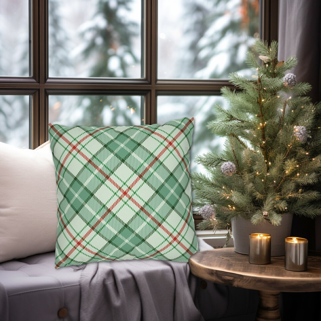 MINT GREEN & RED Plaid Christmas Throw Pillow Cover Light Etsy