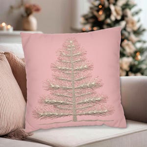 Christmas Holiday Pink Silver Needle Tree Dual Design Front Back Throw Pillow, Modern Vintage Holiday Decor, Pastel Christmas Throw Pillow