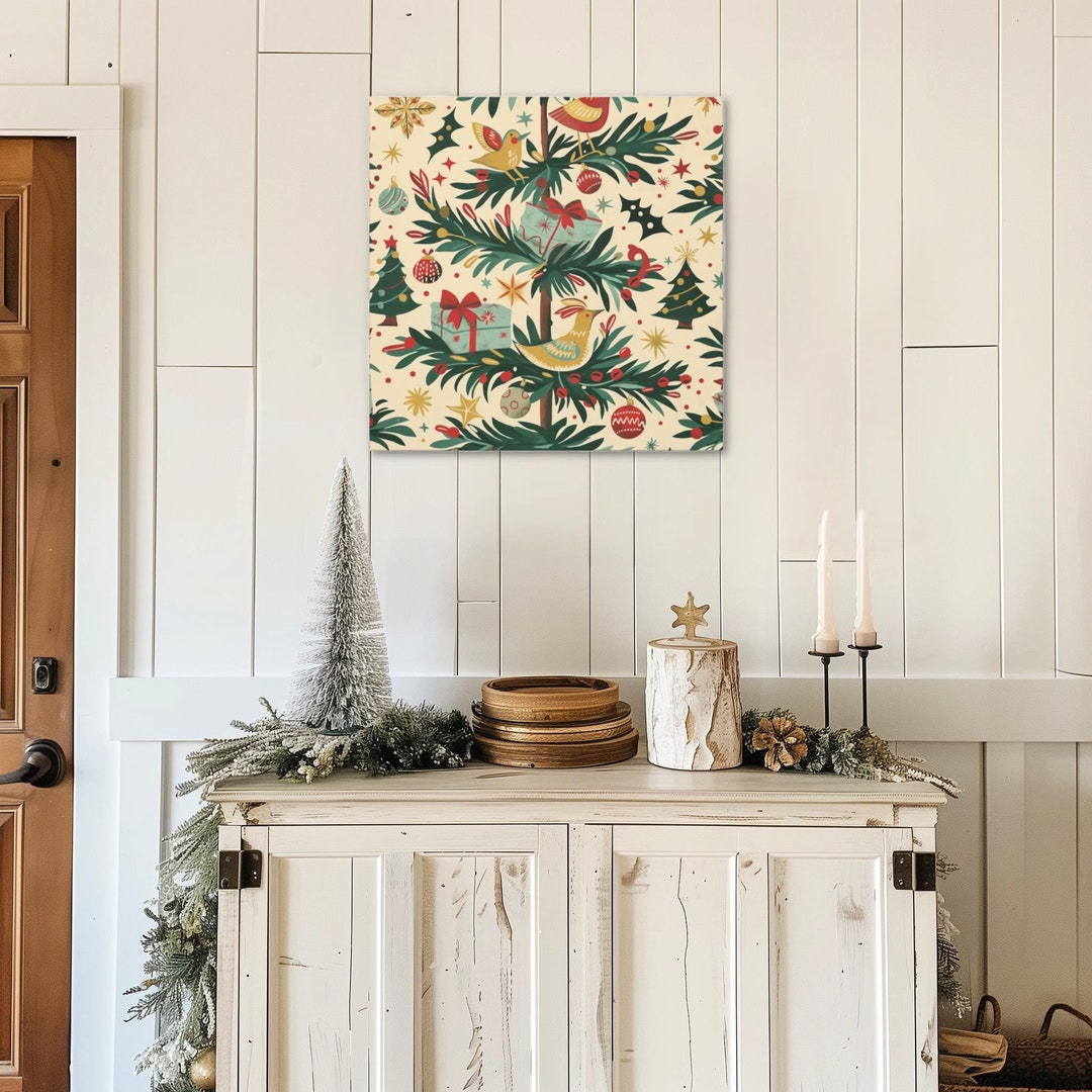 HOLIDAY WALL DECOR Vintage Style Mid Century Modern Colorful Tree Birds ...