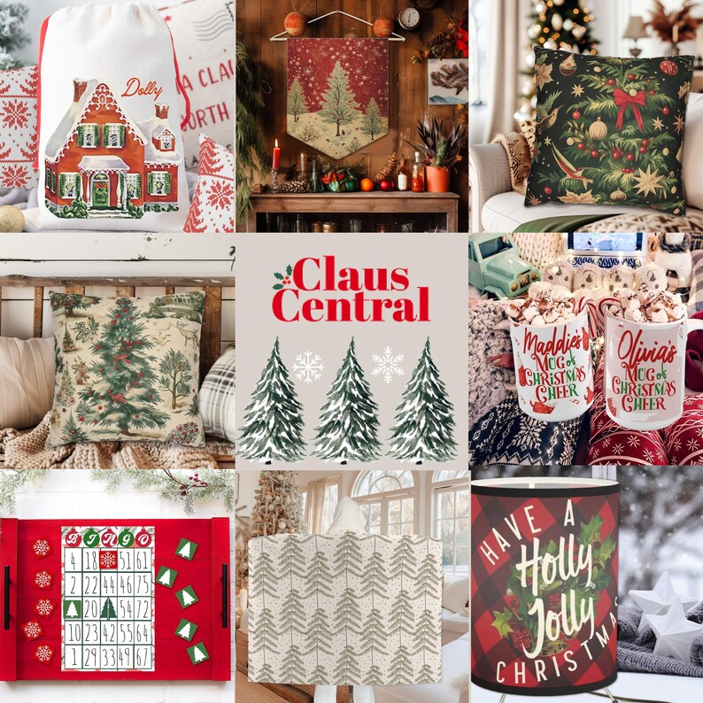 May include: A collage of Christmas-themed items, including a red and white gingerbread house, a green and white Christmas tree pillow, a red and white mug with the text "Maddie's Mug of Christmas Cheer", a red and white mug with the text "Olivia's Mug of Christmas Cheer", a red and white lampshade with the text "Have a Holly Jolly Christmas", and a red and white bingo card with the text "Bingo".