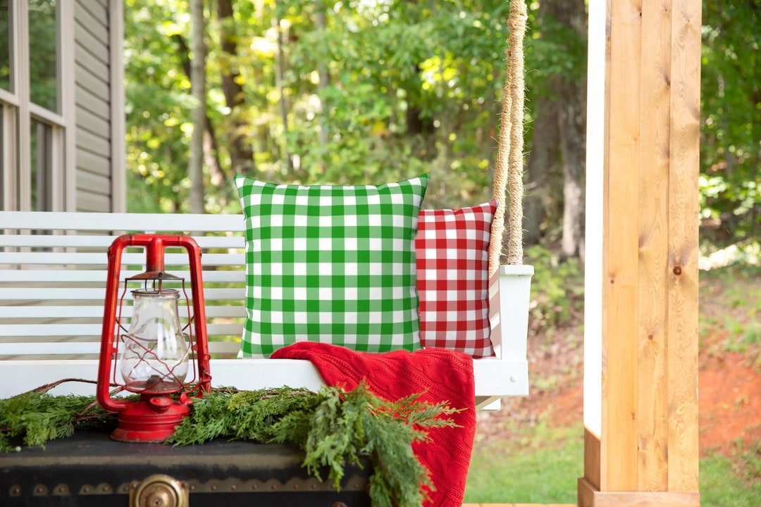GREEN & WHITE GINGHAM Plaid Throw Pillow Covers, Bright Green Plaid