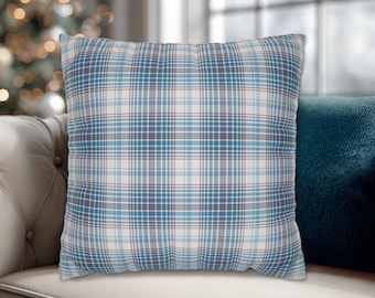 Light Blue Plaid Christmas Winter Throw Pillows + Covers, Farmhouse Decor