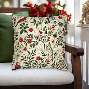 Botanical Bird Christmas Holiday Throw Pillows + Covers - Cream Red and Green
