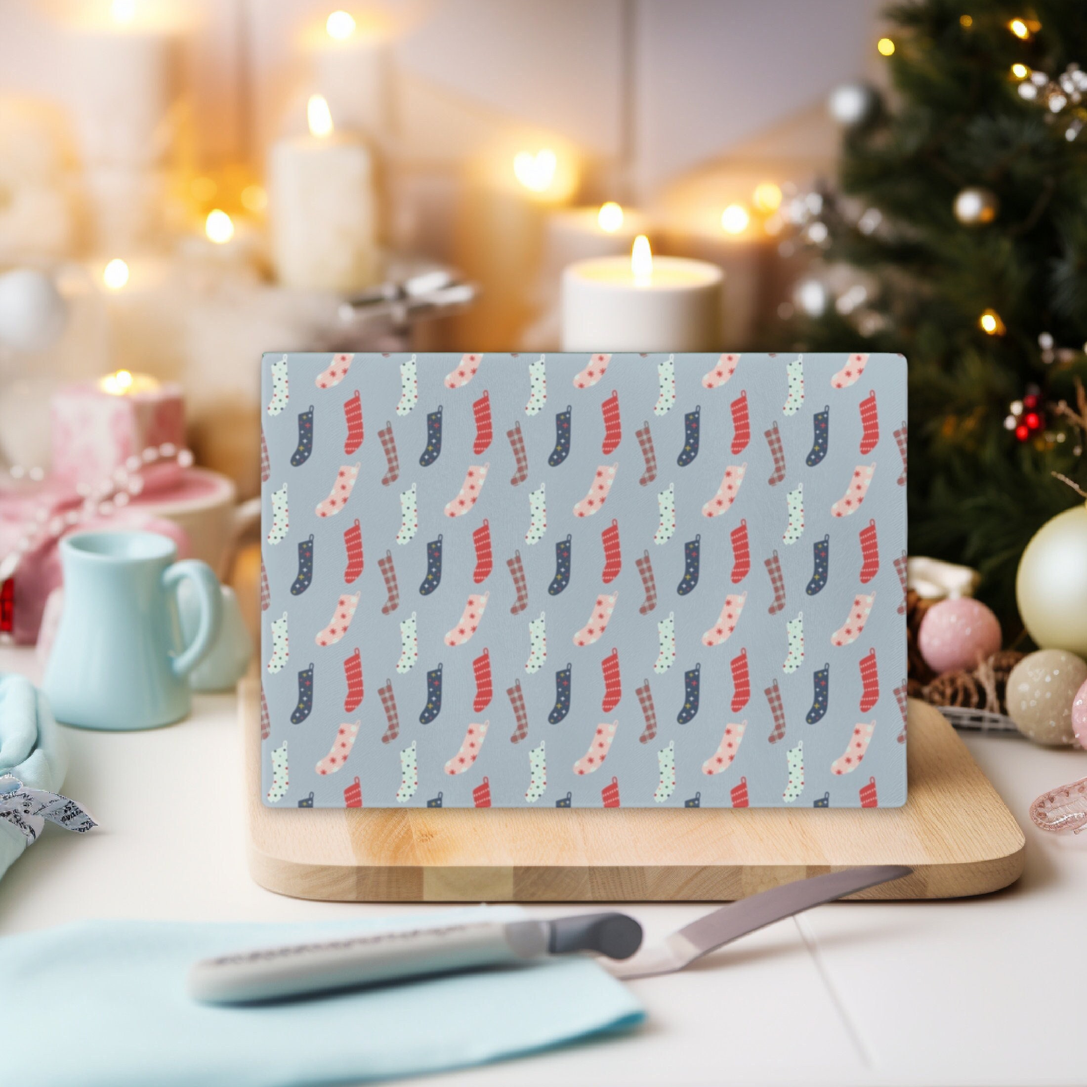 christmas stocking pattern planche à découper de vacances en verre trempé 2 tailles, décor cuisine vacances, cadeau noël pour baker