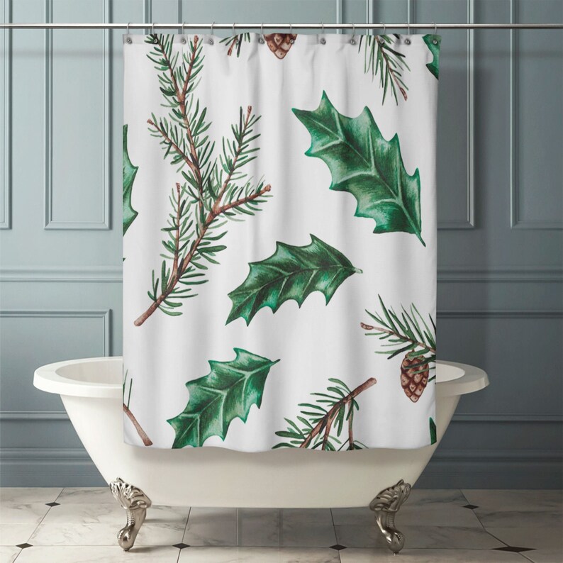 PINE & HOLLY SHOWER Curtain Christmas Shower Curtain Winter Etsy
